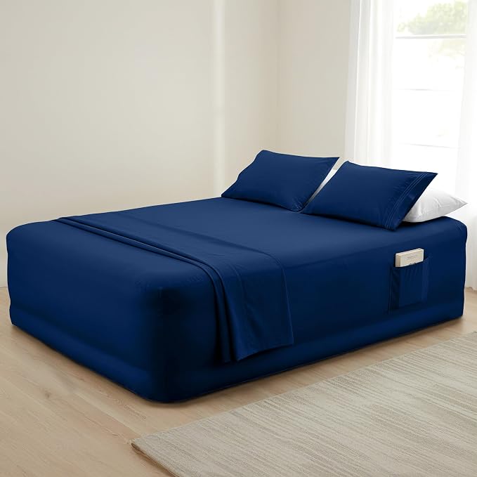 Mocassi 4-Piece Extra Deep Pocket 16-24 Inch Air Mattress Bed Sheet Set- 4PC Sheet Set with Smart Pockets Ideal for Air Beds, RVs, Camping and Guest Rooms Premium Hotel Quality, King, Navy Blue - Image 7