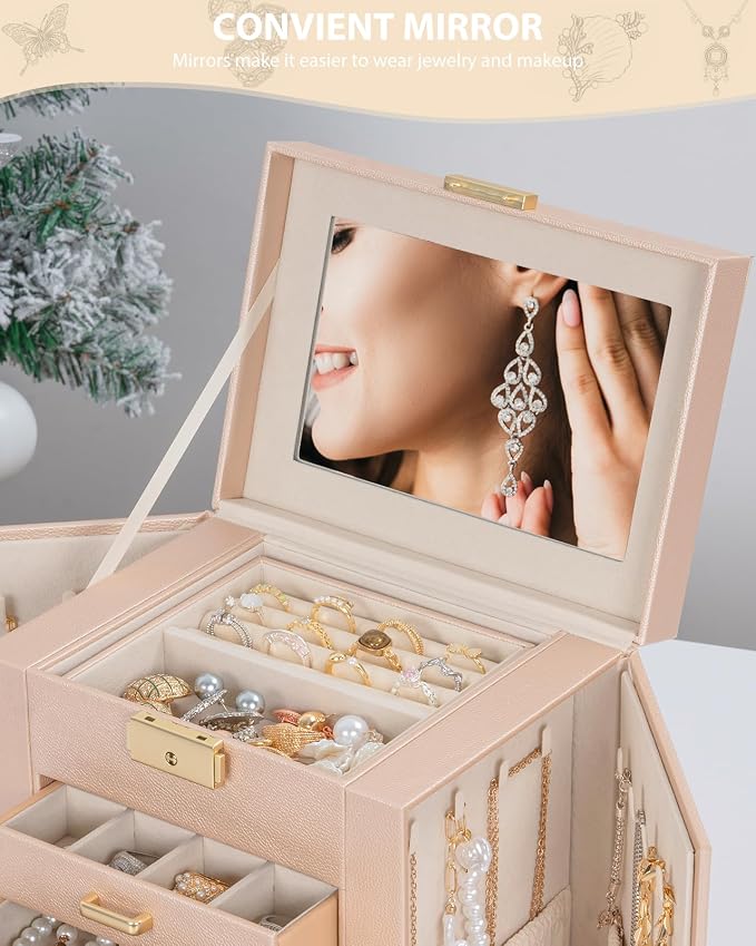 AKOZLIN 4-Tier Jewelry Box Leather Jewelry Storage Organizer with 3 Drawers Lockable for Women Girls Ring Necklace Earring Bracelet Holder with Mirror Champagne - Image 7