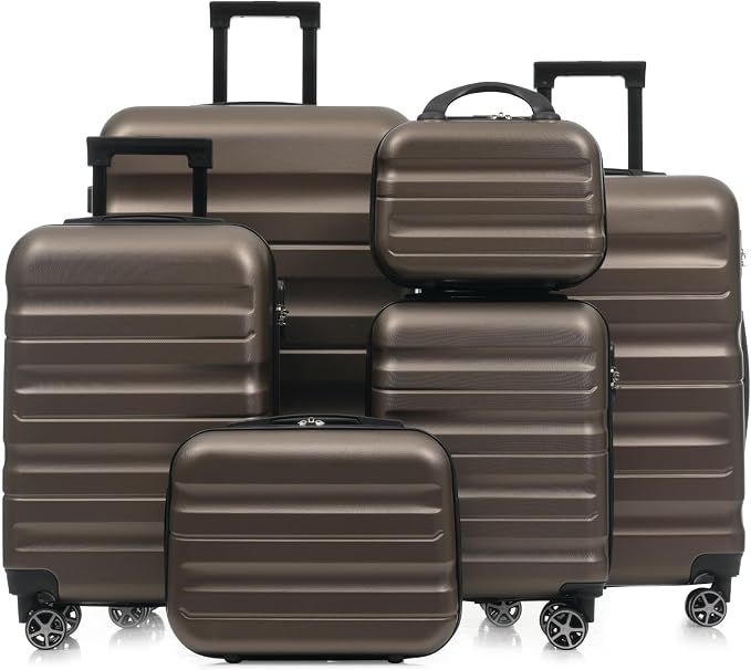 Brown 6 Piece Luggage Set Hard Shell - Traveling Suitcases with Spinner Wheels and Small Cases for Family Travel, Durable Carry On Luggage Sets with Lock for Women and Men by Unknown