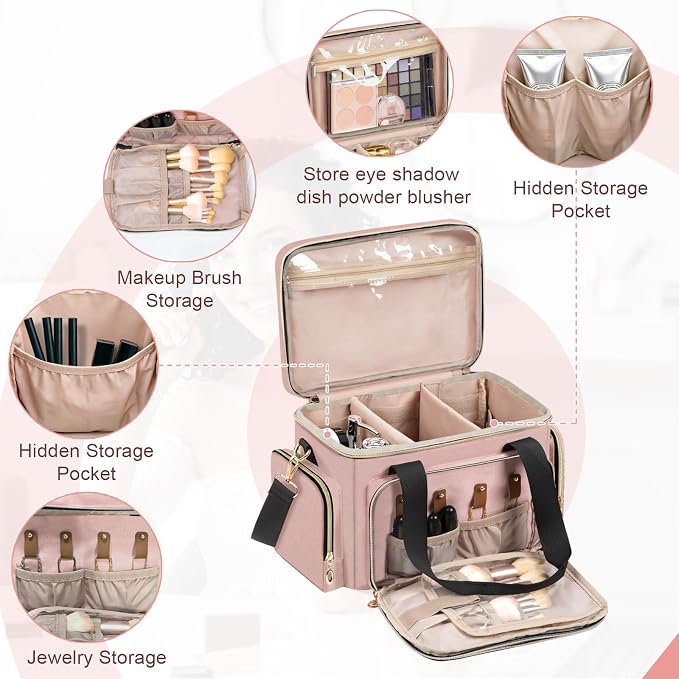 GDNasist Large Makeup Bag, Portable Travel Makeup Bag Organizer for Women Girls with Removable Shoulder Strap & Detachable Dividers, Cosmetic Travel Bag, Toiletry Bag for Makeup - Image 4