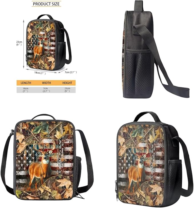 GIFTPUZZ Deer American Flag Backpack 17 Inch Set Boys | Camo 4-Piece Lunchbox Combo, Water Bottle Sleeve, 3rd Grade Back to School Book Bags, 8-10 - Image 6