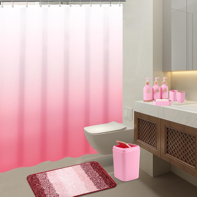 XLHOMO Bathroom Accessories,Bathroom Set with Shower Curtain,Rugs,Trash Can,Lotion Soap Dispenser,Toothbrush Holder,Soap Dish, Tags with Tray（Pink1 ），（Bath Set+Shower Curtain+Bath Rugs） - Image 8