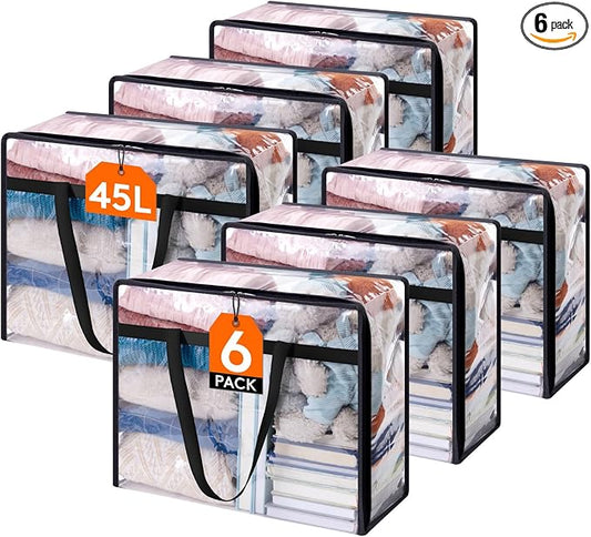 Lifewit 6 Pack Clear Clothes Storage Bags, 45L Plastic Blanket Storage Bag, Vinyl Foldable Moving Bags with Zipper, Closet Organizers and Storage Containers for Bedding, Duvet, Comforter by Lifewit
