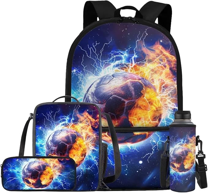 Galaxy Lightning Soccer Backpack for Boys Girls Backpack with Lunch Box Water Bottle Holder and Soft Pencil Case 4PCS Set Bookbag with Front Pocket for School 17 inch Large School Bag for Kids by ELEDIZI