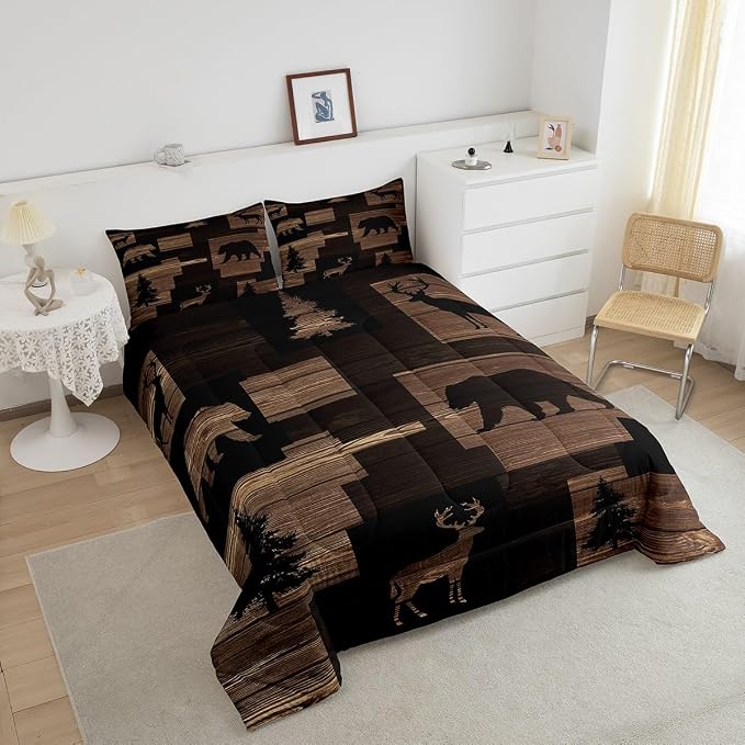 Erosebridal Rustic Bear Comforter Sets for Teens Youth,Lodge Elk Moose Bedding Set Twin,Cabin Hunting Animal Buffalo Plaid Check Quilt,Vintage Wooden Farmhouse Down Comforter with 1 Pillowcase - Image 4