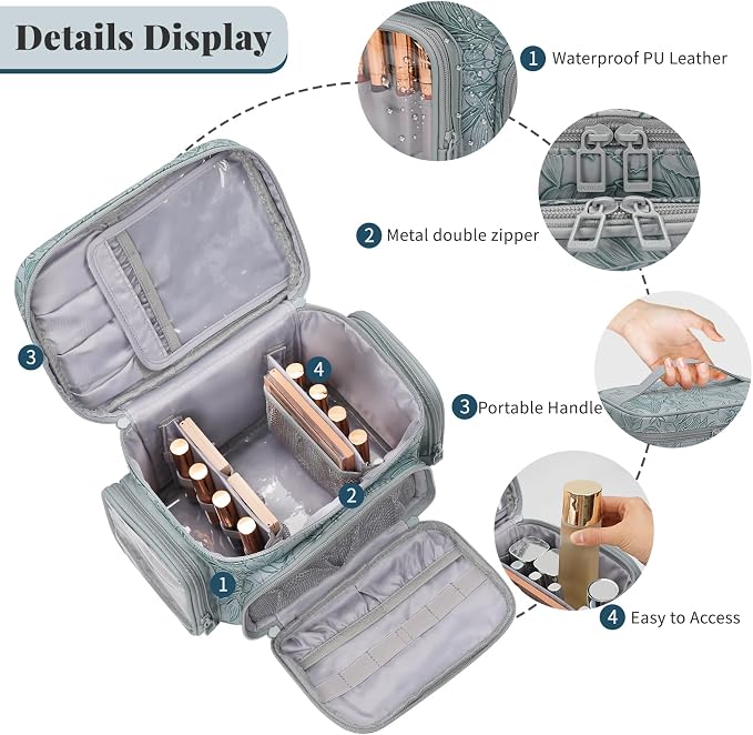Bagmoly Large Makeup Bag, Portable Travel Makeup Bag Organizer for Women Girls with Makeup Brush Compartment & Two Side Pockets, Cosmetic Travel Bag Vertical Storage Toiletry - Floral Blue - Image 2