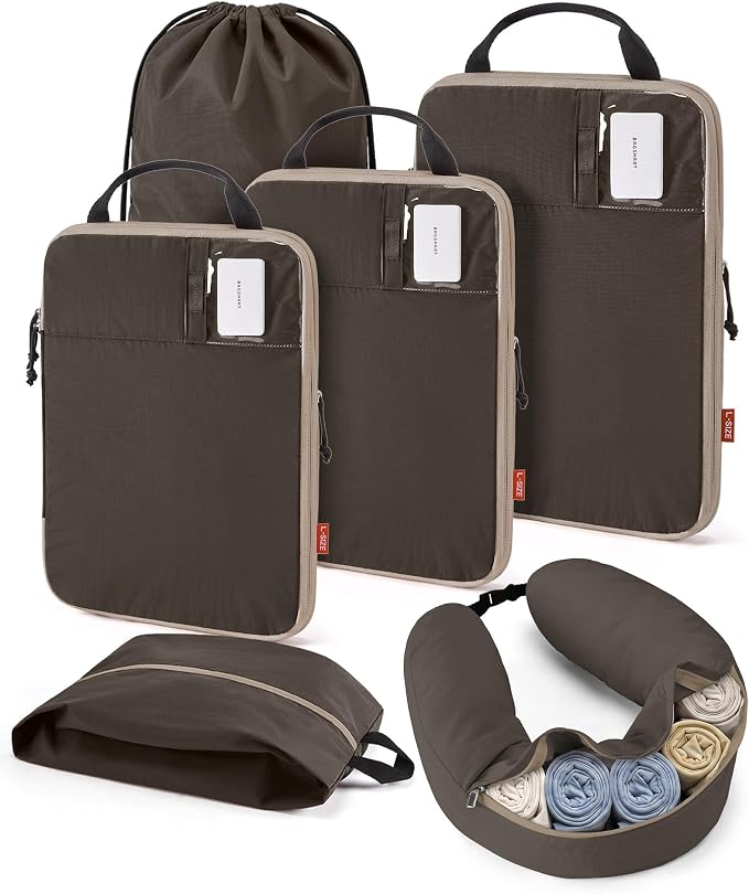 BAGSMART 6 Set Compression Packing Cubes Travel Essentials with Neck Pillow | Premium taslan organizer bags for budget airline carry-ons, luggage, suitcases, closets, cruises by BAGSMART