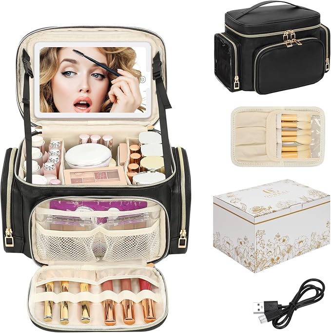 Large Makeup Bag with LED Mirror, Travel Makeup Bag Organizer for Women Girls with Makeup Brush Compartment & Two Side Pockets, 3 Color Lights Cosmetic Toiletry Bag- Leather Black - Image 9