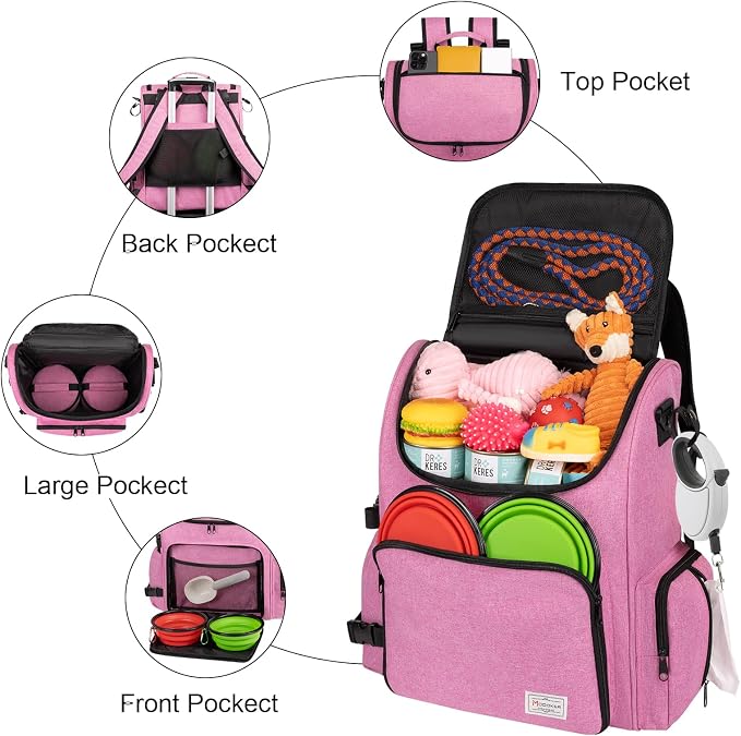Modoker Multi-Compartment Dog Travel Backpack for Pet Supplies, Pink | Dog Travel Accessories Organizer with 2 Food Bags, 2 Bowls, Quick-Access Pockets, Tissue Opening, Luggage Sleeve, Feeding Mat - Image 3