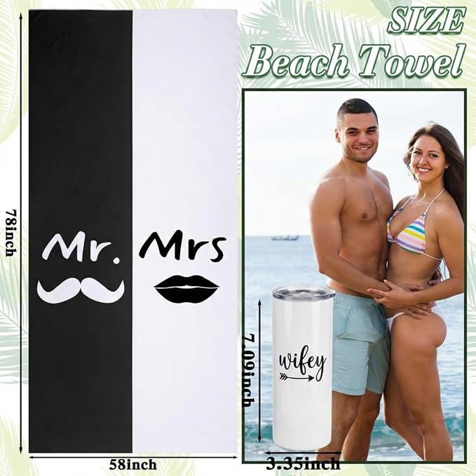 Rtteri 14 Pieces Wedding Gift Set for Couple - Mr & Mrs Honeymoon Gifts Include Wedding Towels, 20 oz Wine Tumbler, Hat, Passport Holder, Baggage Tag, Glass Bottle, Honeymoon Tote Bag - Image 2