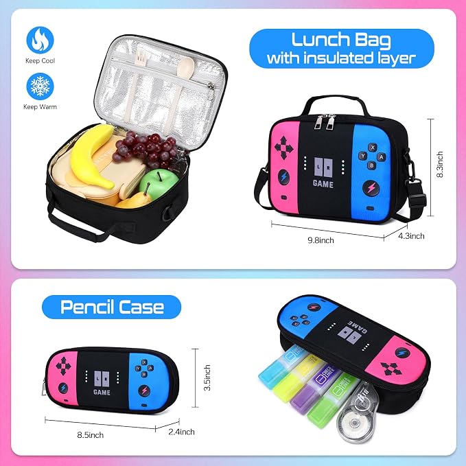 Gamer Backpack for Boys , 3PCS Boys Backpack with Lunch Box & Pencil Pouch, Waterproof School Bags for Boy Kids Children Teens, Elementary Middle School, Kids Book Bag Casual Daypack (Pink Blue) - Image 6
