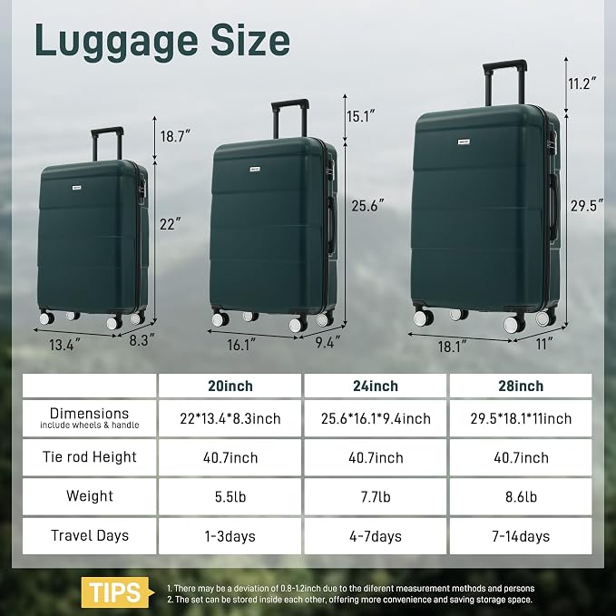Merax Luggage Sets 3 Piece, Suitcases with Spinner Wheels,Dark Green | Lightweight Travel Luggage with Lock, ABS Hardshell Suitcase Set 20/24/28 IN - Image 2
