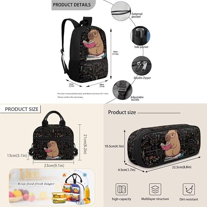Black Capybara Children School Backpack Boys Girls Bookbags Set Laptop Backpack Kids Lunch Tote Bag Pencil Case Set 3 in 1 - Image 7