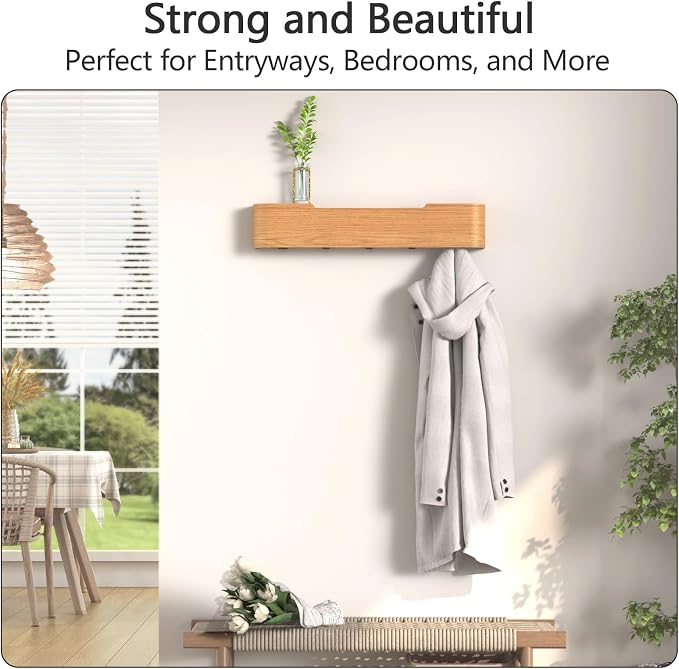 Coat Rack Wall Mount with Hidden Hooks Modern Key Holder Wood Entryway Hook with Shelf for Bedroom Kitchen Hallway Bathroom Designed for Hanging Coats Hats Bags Towels Dog Leashe(Oak,5 Hooks) - Image 5