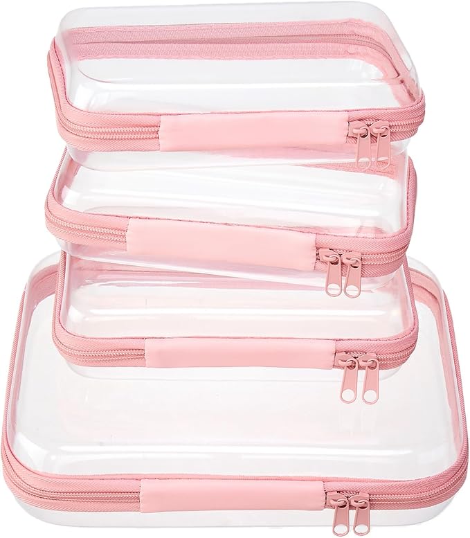 4 pcs Clear Zipper Pouches,Hard Shell Zipper Case, Toiletry Bag for Travel | CLear Diaper Bag, Toiletry Pouch, Travel Organizer, Cosmetic Bag,Toy Storage Bins (M+3S) (Light Pink) by WELPIRT