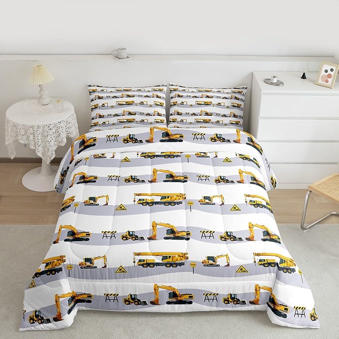 Construction Excavator Comforter Set for Boys, Kids Tractor Truck Down Comforter Full, Machinery Crane Mixer Bedding Set for Girls Teen Bedroom Cartoon Vehicle Duvet Sets with 2 Pillow Cases - Image 2