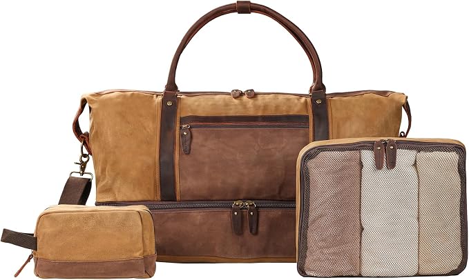 Waxed Canvas Duffel Bag with Shoe Compartment | 3-Piece Oversized Weekender Set Genuine Leather Trim Vintage Travel Carry-On Overnight Bag by BRASSTACKSLeathercraft