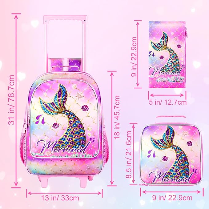 HPJGD 3PCS Mermaid Rolling Backpack for Girls, Kids School Backpacks with Wheels, Water Resistant UV Printed Roller Wheeled Bookbag Set with Lunch Box - Image 4
