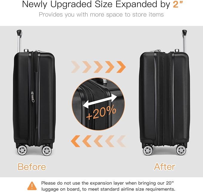 Kono Carry On Luggage 22x14x9 Airline Approved 20 Inch Expandable, Black | PC+ABS Hard Shell Suitcase, Lightweight Luggage with Quiet Spinner Wheels & TSA Lock, Suitable for 1-3 Days of Travel - Image 5