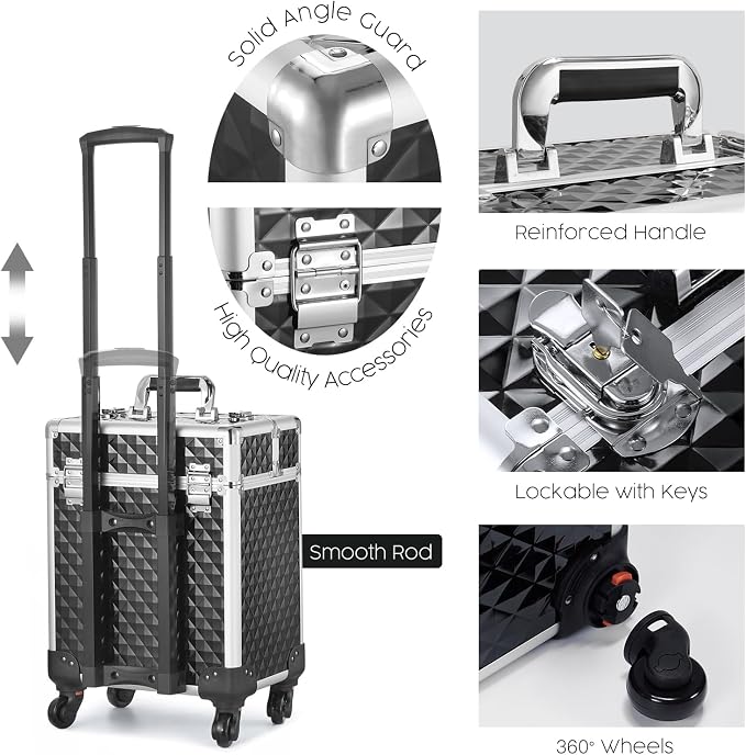 Rolling Makeup Train Case Large Cosmetic Trolley Organized Aluminum Barber Case for Hairstylist Makeup Nail Tech Salon with Keys Swivel Wheels Traveling Cart Trunk - Black - Image 8