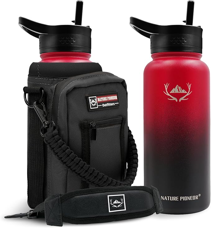 NATURE PIONEOR 32 oz Insulated Water Bottle with Carrier Bag & 3 Lids | 18/8 Food-grade Stainless Steel, Double Vacuum Insulation, 3 Leak-proof Lids, Strap, Camping, Hiking, Gym, Work by NATUREPIONEOR