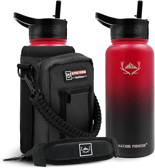 NATURE PIONEOR 32 oz Insulated Water Bottle with Carrier Bag & 3 Lids | 18/8 Food-grade Stainless Steel, Double Vacuum Insulation, 3 Leak-proof Lids, Strap, Camping, Hiking, Gym, Work by NATUREPIONEOR