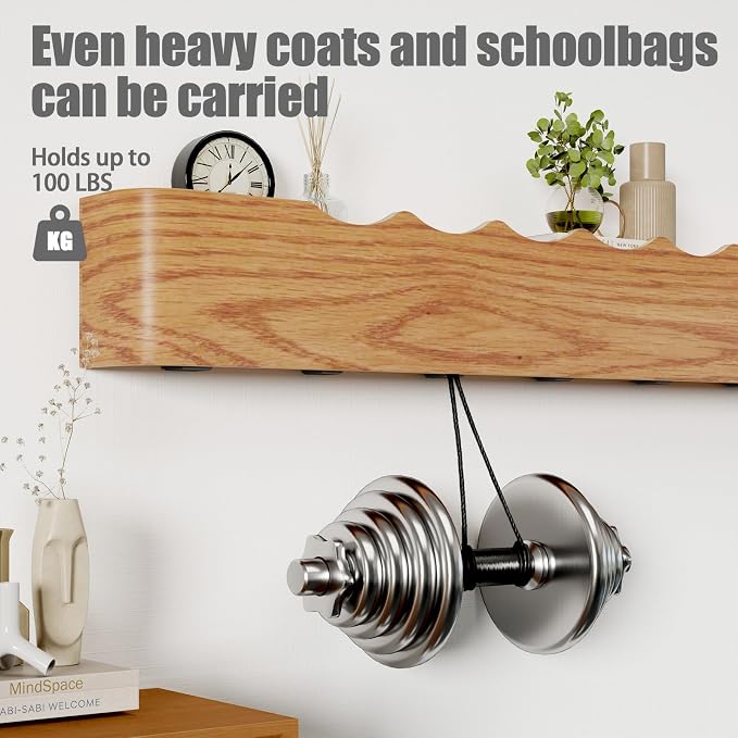 Coat Rack Wall Mount with Shelf 8 Hidden Hooks Modern Wooden Key Holder Entryway Organizer for Hallway Bedroom Bathroom Home Decor Storage for Hanging Coats Hats Bags Towels, Wave-Shape Oak - Image 4