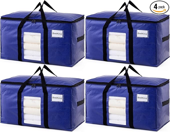 TAILI 4 Pack Dark Blue Extra Large Moving Bags, Heavy Duty Totes with Visible Window, Wrap Around Handles, Great for Storage by TAILI