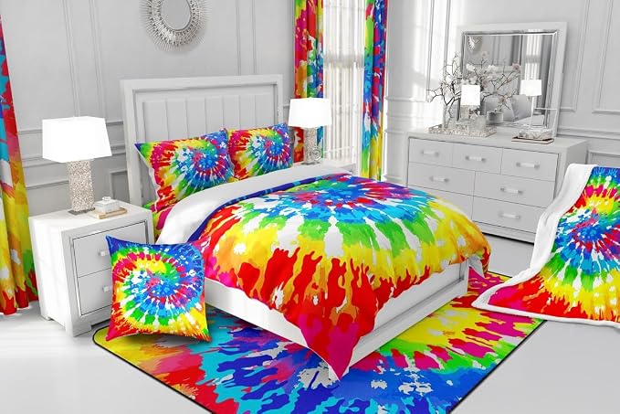 Erosebridal Tie Dye Bedding King Size Colorful Rainbow Bedding Set with Zipper Ties Chic Hippie Style Girls Boys Duvet Cover for Adult Women Teen Tie Dye Decor Soft Microfiber Comforter Cover Set - Image 7