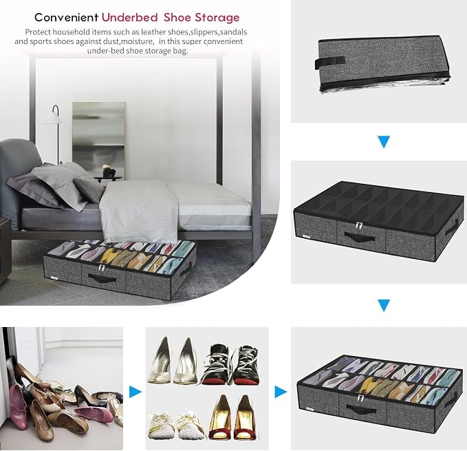 Onlyeasy Sturdy Under Bed Shoe Storage Organizer Fit 8 to 16 Pairs, Collapsible Closet Underbed Shoes Container Bags with Reinforced Handles, 37.7x23.6x5.9in, Linen-like Black, MXAUBS16P1 - Image 5
