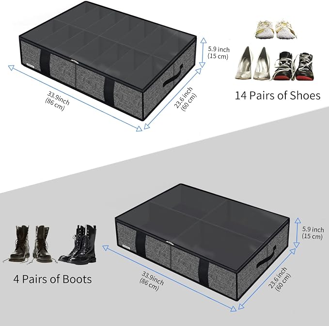 Onlyeasy 2 Pack Under Bed Shoes Storage Bag Organizer (14+4 Pairs), Collapsible Shoe Boot Container with Handles, Underbed Storage Solution for Kids & Adults, 86x60x15cm, Linen-like Black, MXAUBS14S4 - Image 2