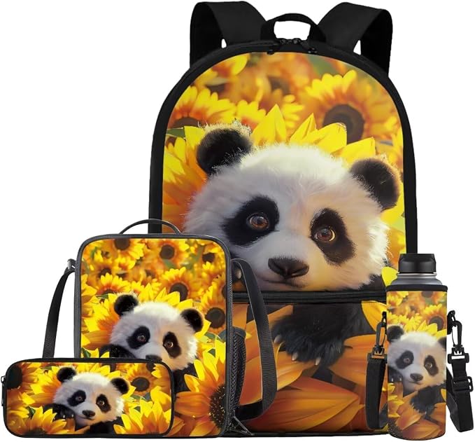 Sunflower Panda Backpack for Girls Boys Backpack with Lunch Box Water Bottle Holder with Strap and Pencil Case 4PCS Set Bookbag with Front Pocket for School 17 inch Sturdy School Bag for Kids by ELEDIZI