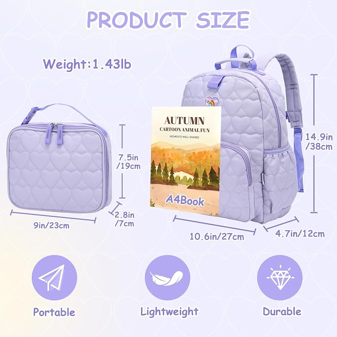 Chase Chic Toddler Backpack for Girls, Puffer Cute Lightweight Preschool Backpack with Lunch Box Set for Daycare Travel Kids Age 3-6,Purple Heart - Image 2