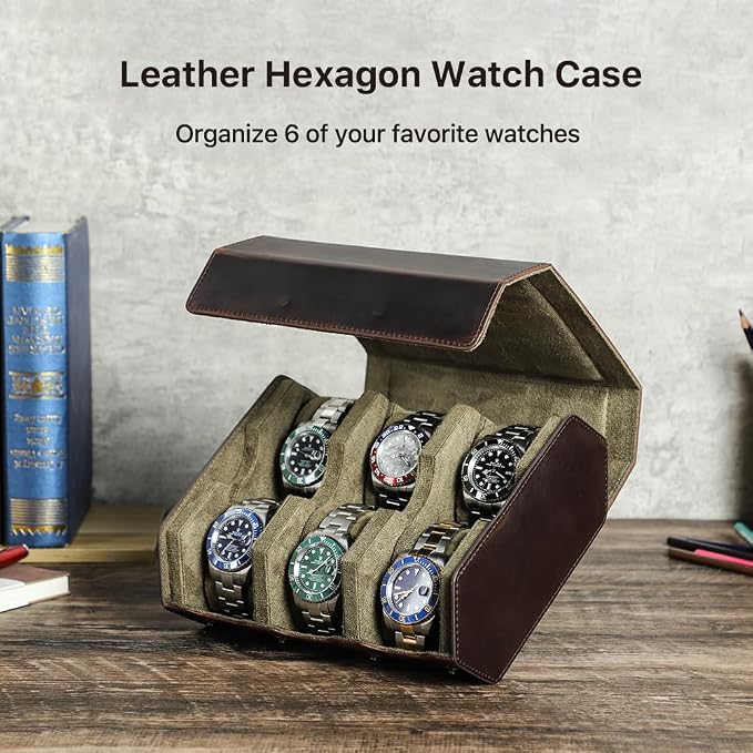 Hiram Genuine Leather Hexagon Watch Roll Travel Case, Leather 6-Watches Roll Case with Removable Pillow Cushion for Treasured Watches and Bracelets - Image 3