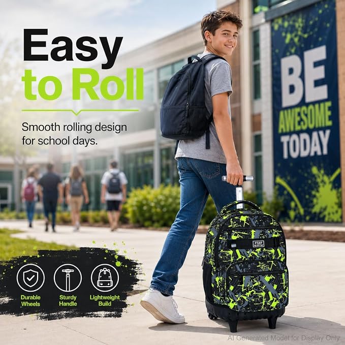 3Pcs Rolling Backpack for Boys, Men Roller Bag with Wheels for Adults, 19 Inche Graffiti Wheeled Bookbag with Lunch Box(Green) - Image 2