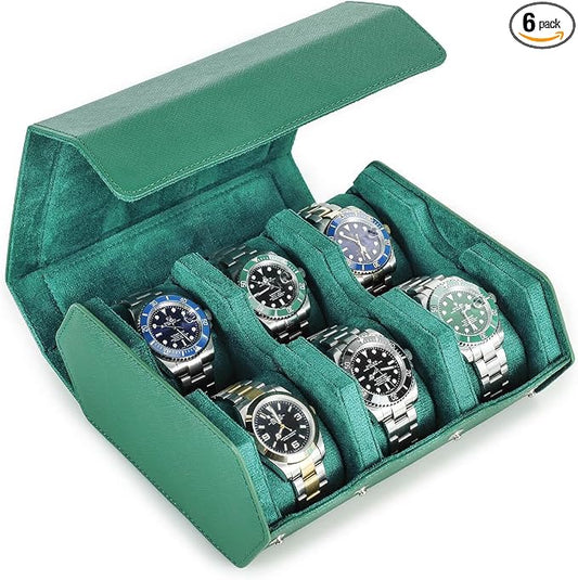 Hiram Genuine Leather Hexagon Watch Roll Travel Case, Leather 6-Watches Roll Case with Removable Pillow Cushion for Treasured Watches and Bracelets -Green by Hiram