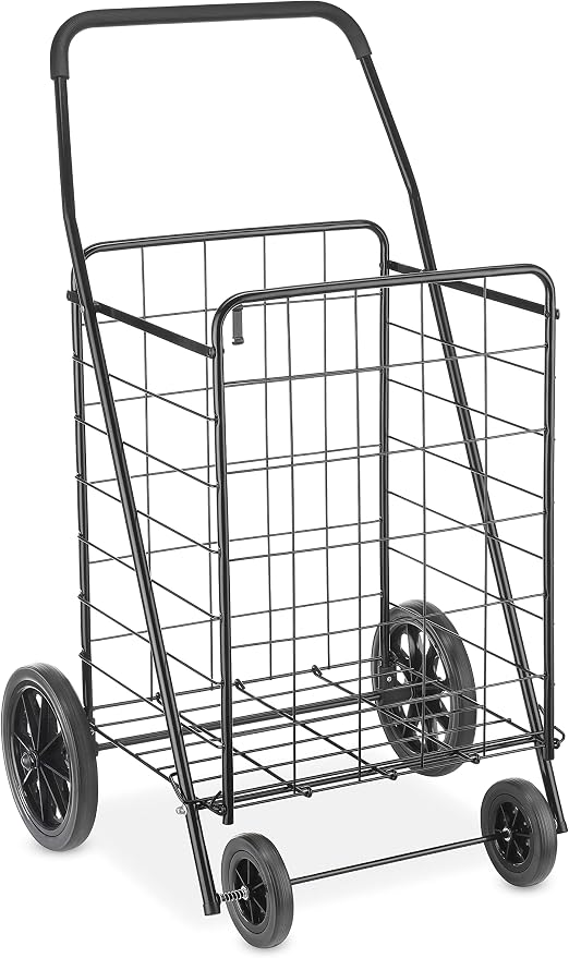 Whitmor Extra Large Utility Foldable Shopping Cart with Wheels, 100 Lb Capacity, Heavy Duty Grocery Cart with Steel Frame, Foam Handle, Rolling Collapsible Utility Trolley for Grocery, Laundry, Black by Whitmor