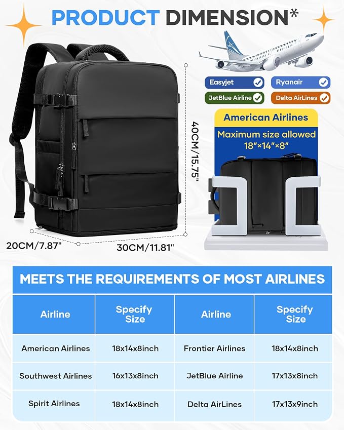 coofay Black Travel Backpack Carry on Flight Approved Mochila De Viaje Personal Item Backpack for Airlines Frontier Airlines Personal Item Bag Large Backpack for Travel Backpacks for Men Women - Image 3