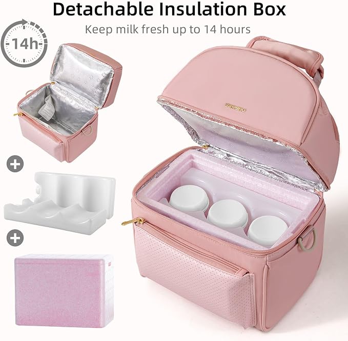 SUNVENO Breast Milk Cooler Bag with Detachable Insulation Box, Double-Layer Pumping Travel Bag for Work & Daycare, Fits Bottles, Ice Packs and Pump Parts,Pink - Image 5