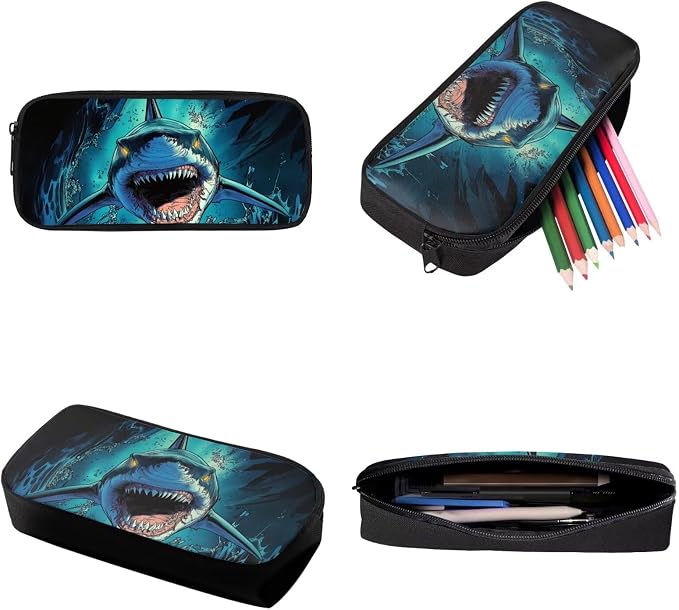 Shark Sea Blue School Bag Set with Reusable Lunch Bag and Pen Bag, Portable Backpack Set for Primary School Students, Large Capacity School Bookbag for Kids - Image 7