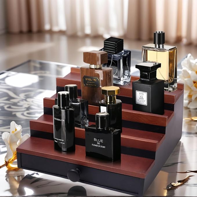 4 Tier Men's Cologne Organizer, Wooden Stand with Drawer Storage, Two Tone | Cologne Shelf and Rack, Perfume Tray, Hidden Storage, Countertop Dresser Display, Birthday Christmas Gift for Men - Image 3