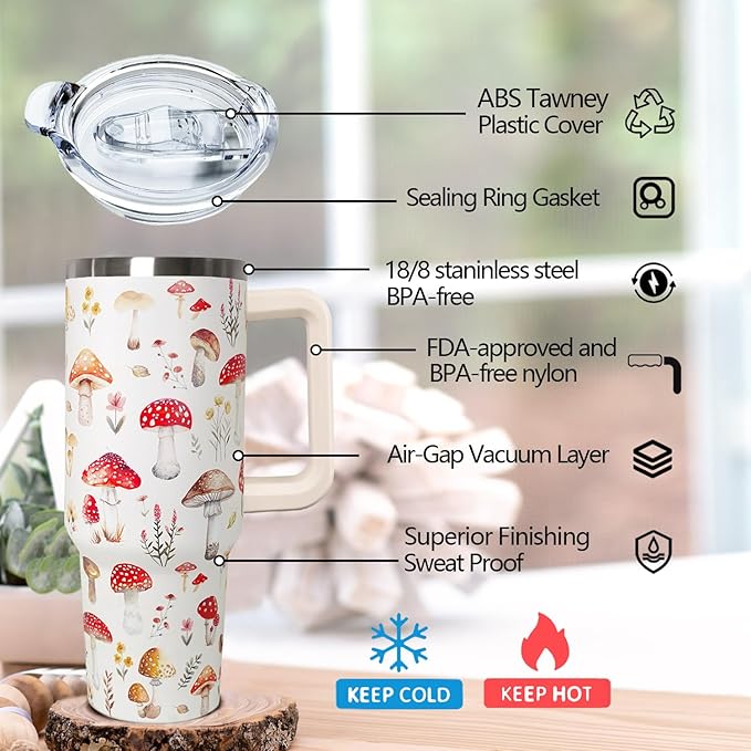 30 Oz Mushroom Tumbler With Handle,Mushroom Coffee Travel Mug Cup Water Bottle,Mushroom Decor,Mushroom Gifts for Women