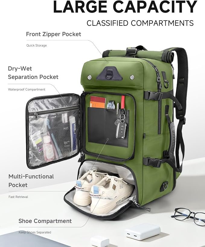 Travel backpack for men,40L Large Carry on Backpack Durable Convertible Duffle Bag with Shoe Compartment Fit for 16 Inch Laptop for travel, camping,Weekender Hiking Green - Image 3