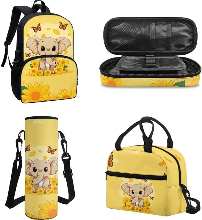 POLERO Cute School Bag Bookbag for Teen Girls Sunflower Butterfly Elephant Backpack Set with Lunch Box Pencil Case Water Bottle Holder - Image 2