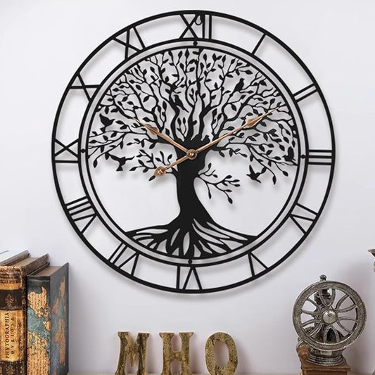 Tree of Life Wall Clock, 24Inch Metal Black Family Tree Oversized Wall Clocks for Living Room Bedroom Home Decor, Modern Silent Mid-Century Battery Operated