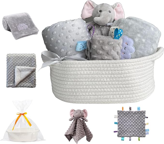 CREVENT Baby Welcome Gift Set Storage Basket with 2 Blankets+ 1 Security Blanket + 1 Taggie + 1 Gift Bag with Ribbon (Grey) by CREVENT