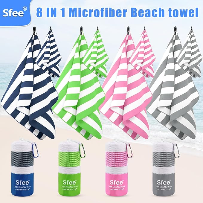 Sfee 4 Pack(8Pcs) Microfiber Travel Towel, Beach Towel Quick Dry Towel Camping Towel Super Absorbent Compact Lightweight Sports Gym Towels for Beach, Gym, Hiking, Pool, Backpacking, Bath, Yoga - Image 2
