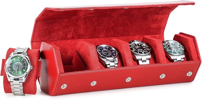 Hiram Saffiano Leather Watch Storage Box Handmade Single Travel Watch Case with Removable Suede Watch Pad Scratch-Resistant & Waterproof Bronze Snap Closure Red by Hiram