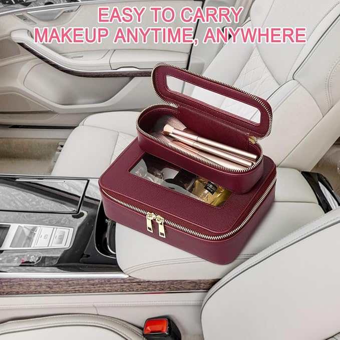 Pinkmik Travel Clear Makeup Bag with Brush Case TSA Approved Toiletry Bag Waterproof Cosmetic Organizer with Zipper Car Essential for Women (X/Burgundy, M+SLIM) - Image 6