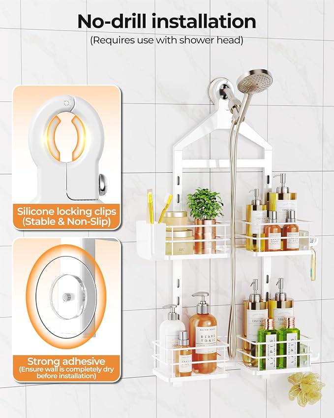 ODesign 2 Tier Shower Caddy for Handheld Shower Heads Anti-Swing White | No drilling required,comes with removable hook and storage box,suitable for handheld and wall-mounted showerheads - Image 8